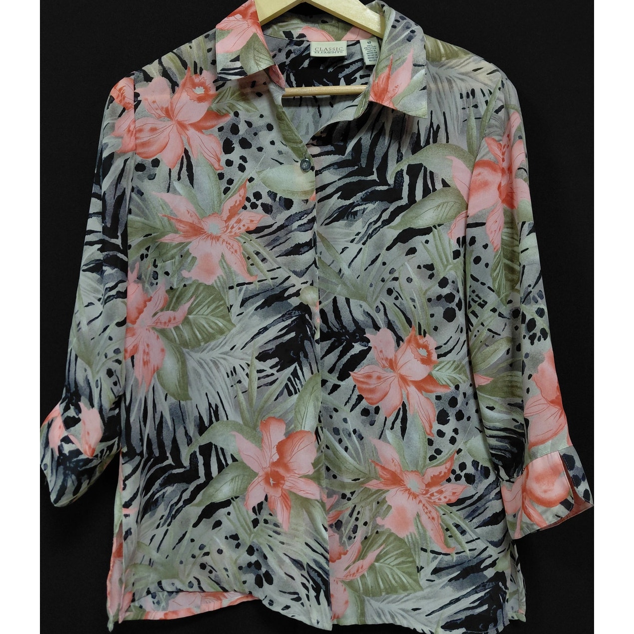 Classic Elements Floral Print Blouse 3/4 Sleeve Collared Women Size 10